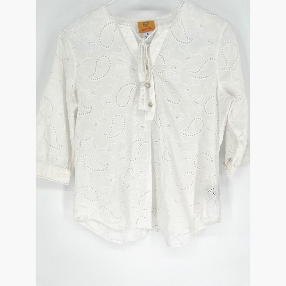 RUBY RD Top Women S White Eyelet Paisley Tassel 3/4 Sleeve Cotton Garden Cottage